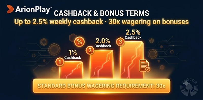 ArionPlay cashback tiers wagering requirement 30x bonus terms